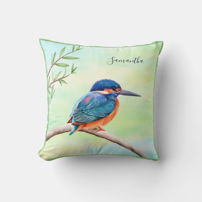 Kingfisher Watercolor Blue Orange Bird Cushion (Front)