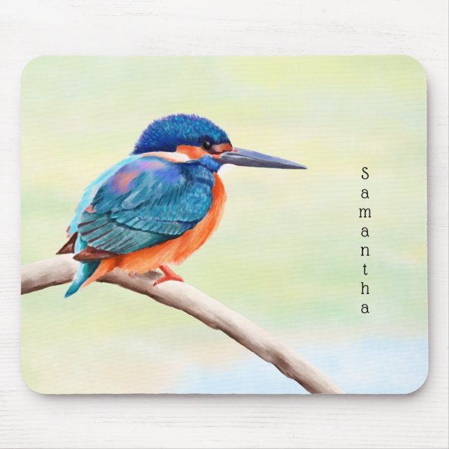 Kingfisher Watercolor Blue Orange Bird Mouse Mat (Front)