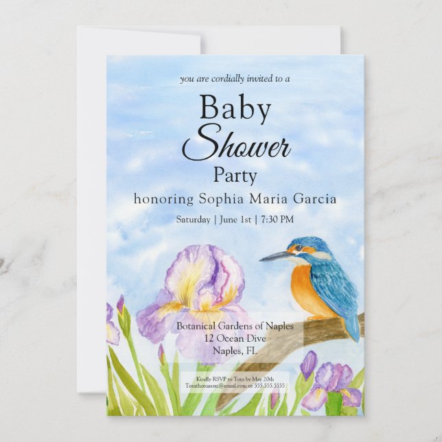  Kingfisher with Purple Irises Baby Shower Invitation (Front)