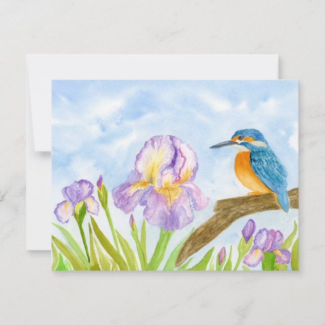 Kingfisher with Purple Irises Personalized Card (Front)