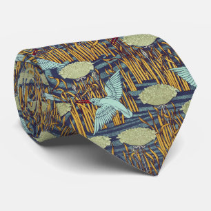KINGFISHERS AND FLOWERING RUSH Art Nouveau Floral Tie