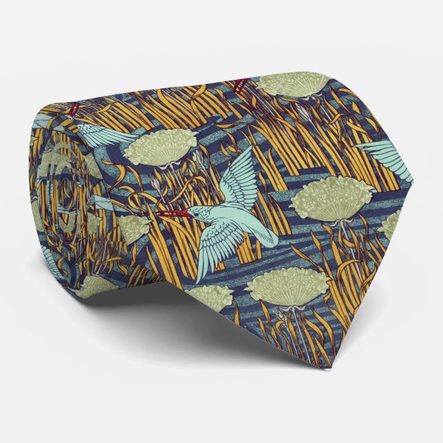 KINGFISHERS AND FLOWERING RUSH Art Nouveau Floral Tie (Rolled)