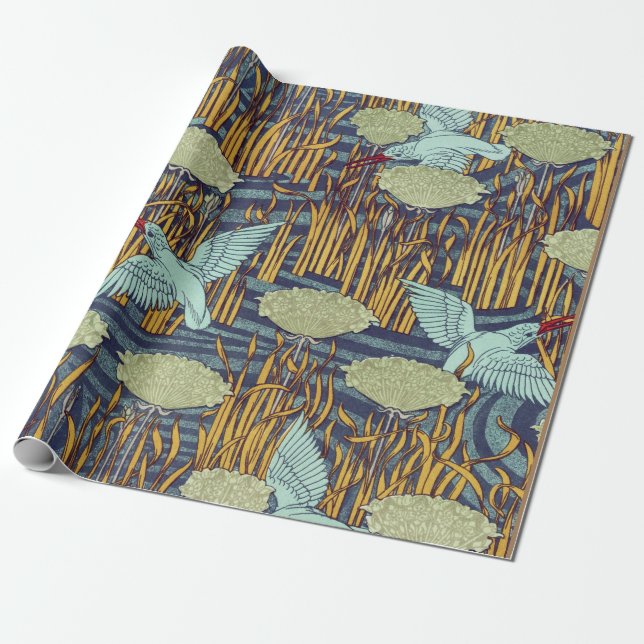 KINGFISHERS AND FLOWERING RUSH Art Nouveau Floral Wrapping Paper (Unrolled)