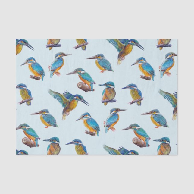 Kingfishers painted on a pale blue background tissue paper (Front)