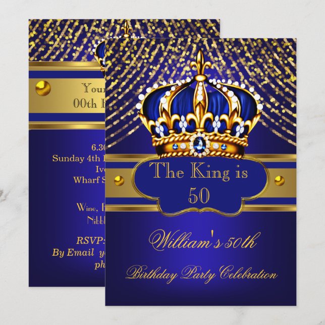 Kingl Blue Gold Ornate crown men’s Birthday Party Invitation (Front/Back)