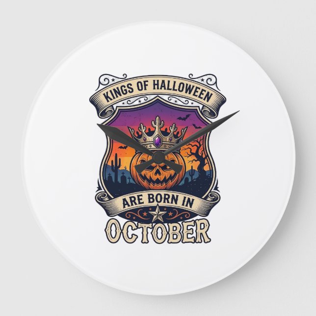 Kings Halloween Are Born October Crown Pumpkin Bat Large Clock (Front)
