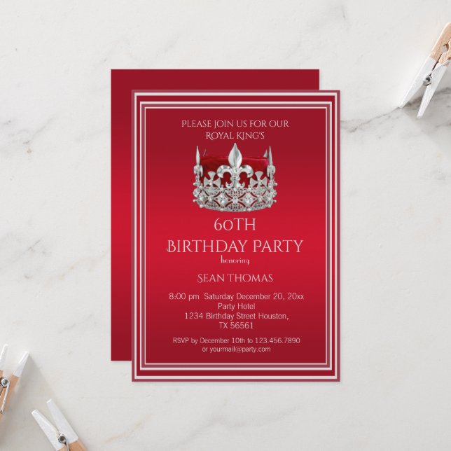 King's Ruby Red Crown Man's Birthday Invitation (Front/Back In Situ)