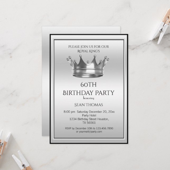 King's Silver Crown Man's Birthday Invitation (Front/Back In Situ)