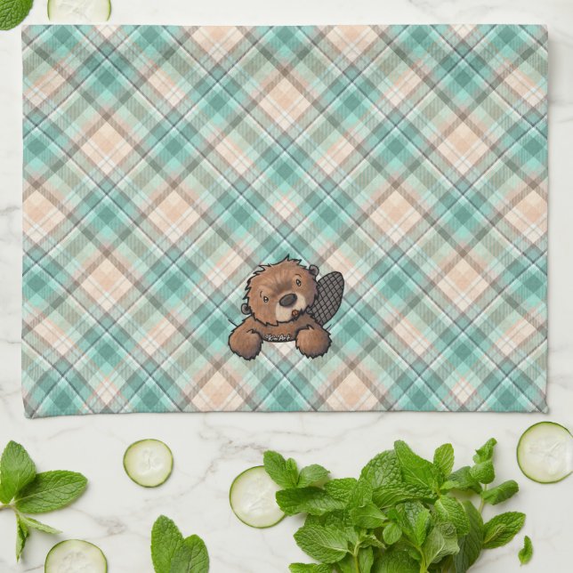 KiniArt Beaver on Marina Plaid Kitchen Towel (Folded)