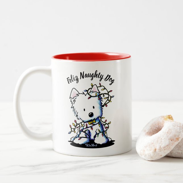 KiniArt Delighted Westie Christmas Two-Tone Coffee Mug (With Donut)