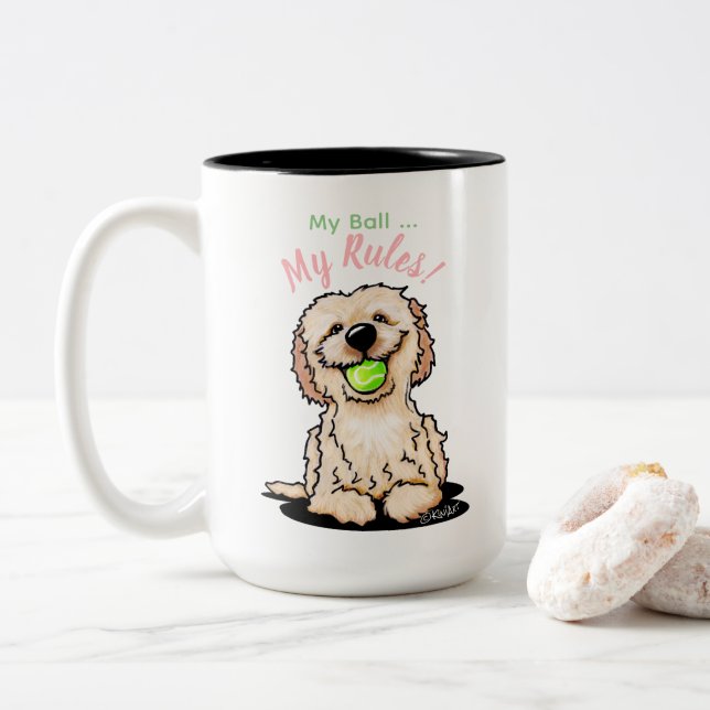 KiniArt Doodle Dog MY BALL Two-Tone Coffee Mug (With Donut)
