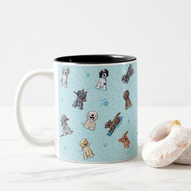 KiniArt Doodlemoji Goldendoodle Two-Tone Coffee Mug (With Donut)