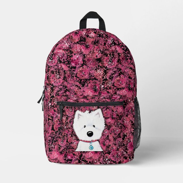 KiniArt Fluffy Westie Floral Impressions Printed Backpack (Front)