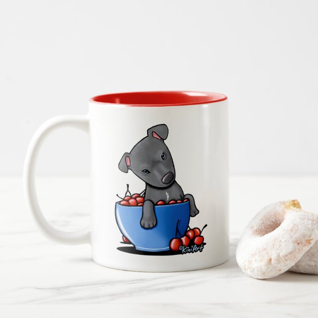 KiniArt Pitbull Puppy Two-Tone Coffee Mug (With Donut)
