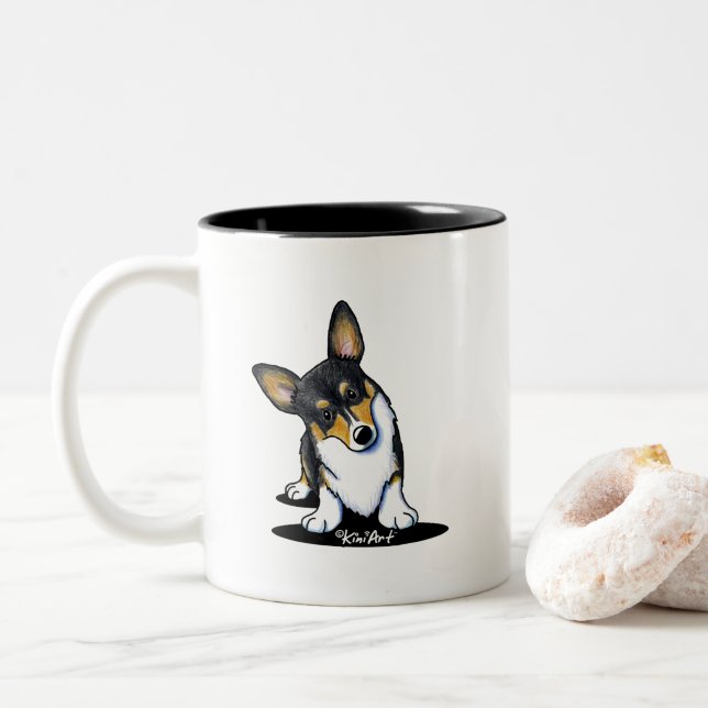 KiniArt Tri Curious Corgi Two-Tone Coffee Mug (With Donut)