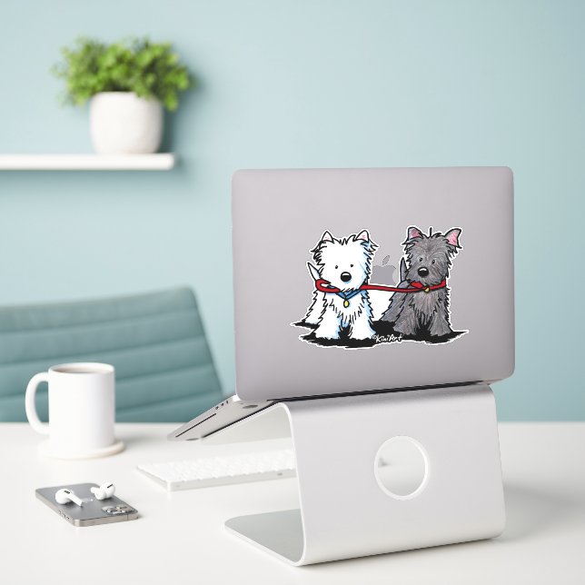 KiniArt Walking Terrier Duo Vinyl Sticker (Laptop On Desk)