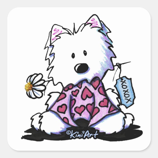KiniArt Westie Flowers XOX Square Sticker (Front)