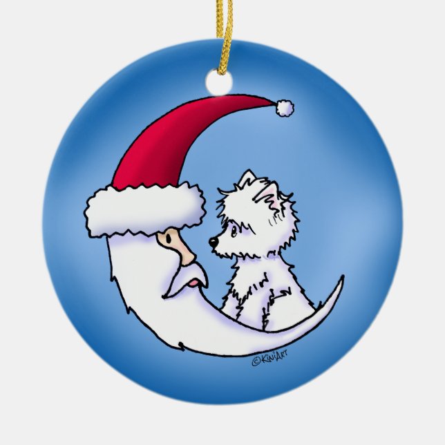 KiniArt Westie Santa Moon Ceramic Tree Decoration (Front)