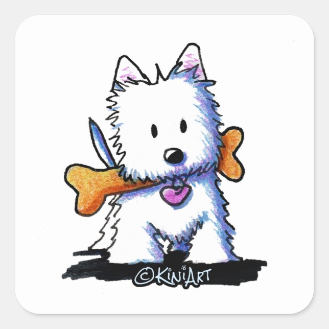 KiniArt Westie with Bone Square Sticker (Front)