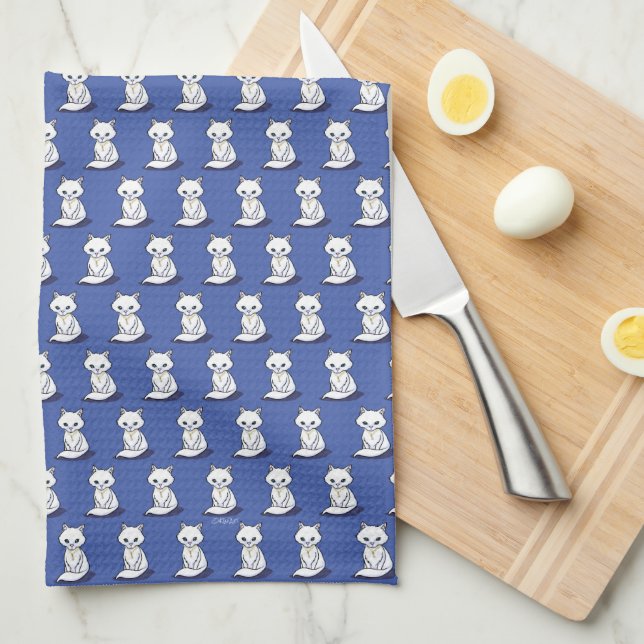 KiniArt White Cat Trinket Tea Towel (Quarter Fold)