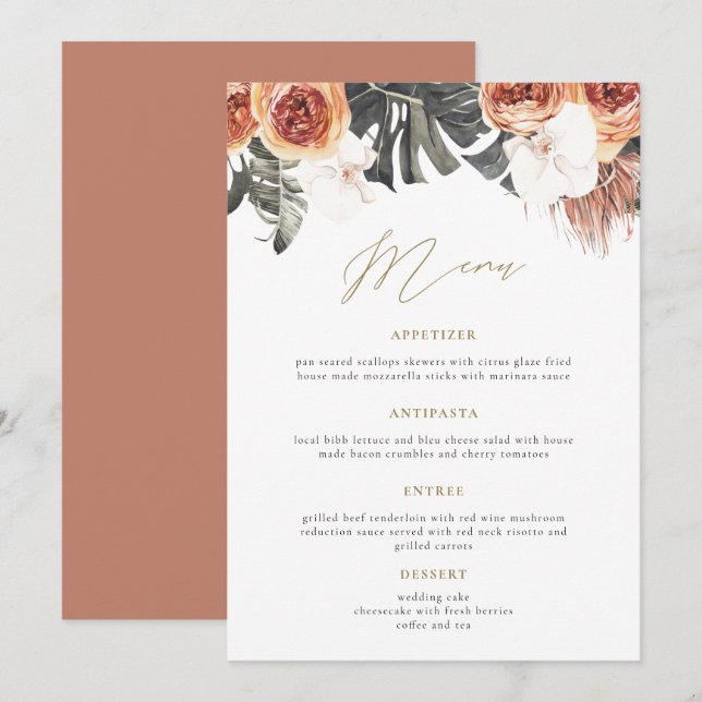KINSLEY Boho Terracotta Floral Wedding Dinner Menu (Front/Back)