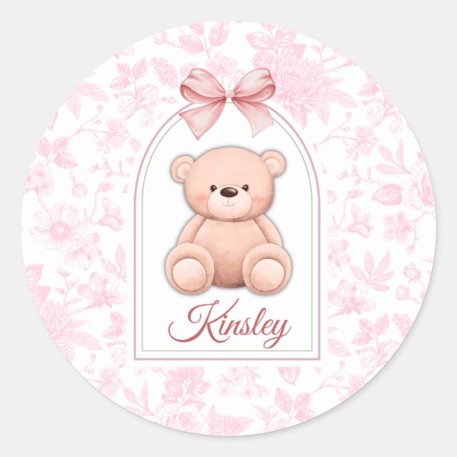 Kinsley | Custom Pink Teddy Bear Nursery Design  Classic Round Sticker (Front)