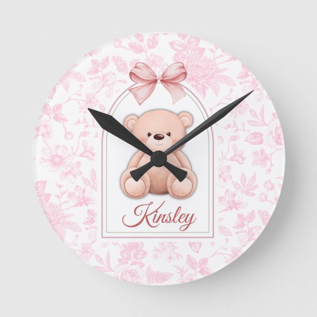 Kinsley | Custom Pink Teddy Bear Nursery Design  Round Clock (Front)