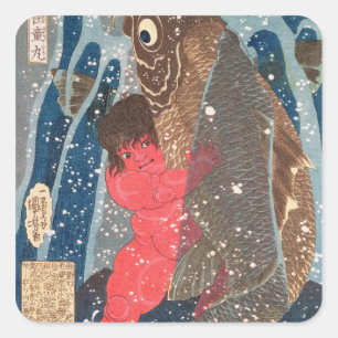 Kintoki Swims up the Waterfall Square Sticker