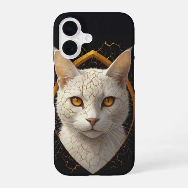 Kintsugi Cat Portrait With Intricate Gold Lines 🌙 iPhone 16 Case (Back)
