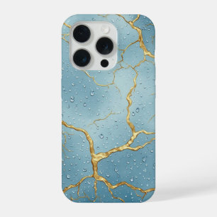💙 Kintsugi Gold Cracks ✨ Blue Water Droplets💙 iPhone 15 Pro Case