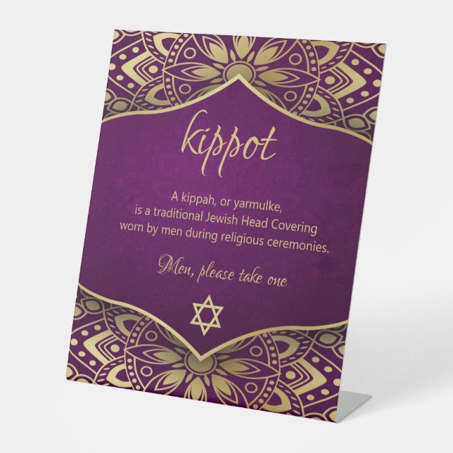 Kippah Yarmulke Table Sign Gold Mandala on Purple (Front)