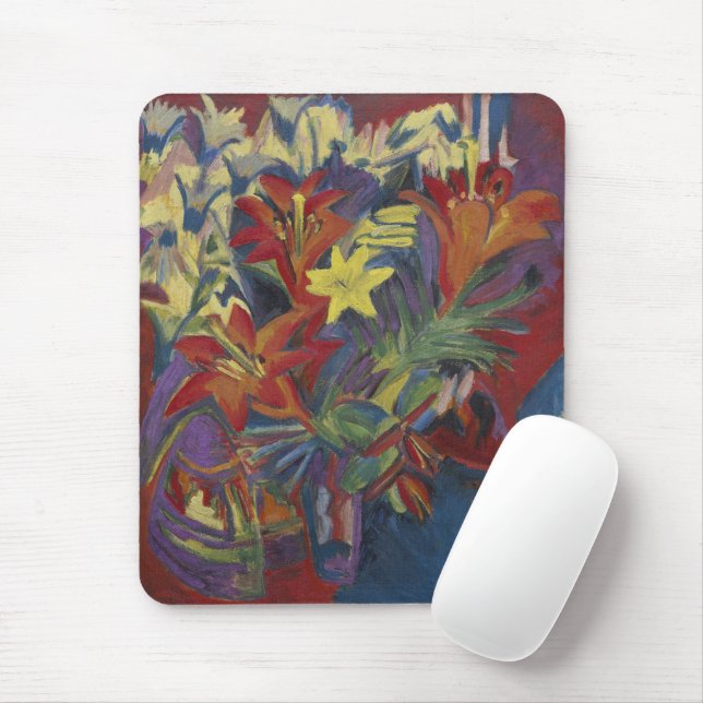 Kirchner Expressionist Vibrant Orange Lilies Art Mouse Mat (With Mouse)
