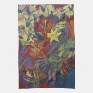 Kirchner Expressionist Vibrant Orange Lilies Art Tea Towel