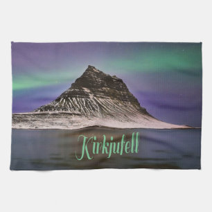 Kirkjufell Mountain in Iceland Northern Lights Tea Towel