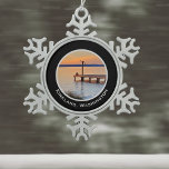 Kirkland Sunset Fishing Lake Washington Silhouette Snowflake Pewter Christmas Ornament<br><div class="desc">Pacific Northwest sunsets are beautiful, whether they have soft oranges and subtle blue and teals or deep red, rust, and purple colours. This sunset captures the silhouette of a fisherman on a dock in a Kirkland, WA city park on the shores of Lake Washington. The town's name, Kirkland, Washington, appears...</div>