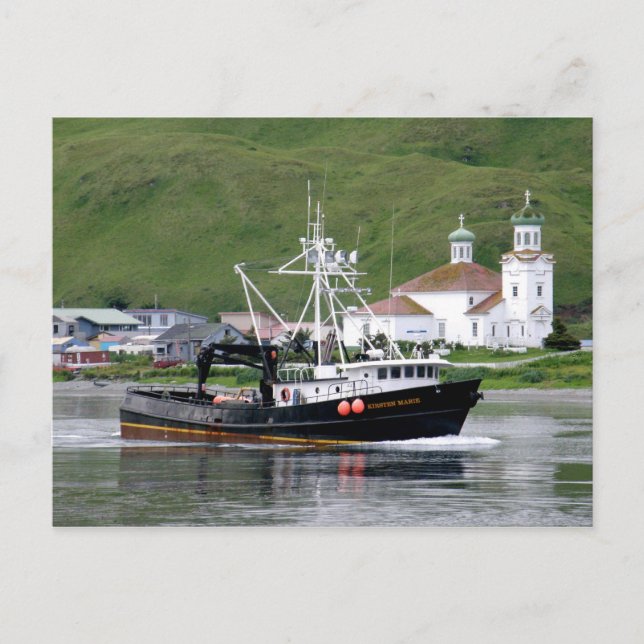 Kirsten Marie passing the City of Unalaska, Alaska Postcard (Front)