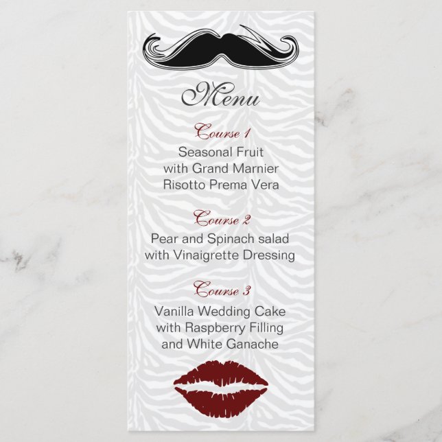 kiss and moustache zebra stripes  wedding menu (Front)