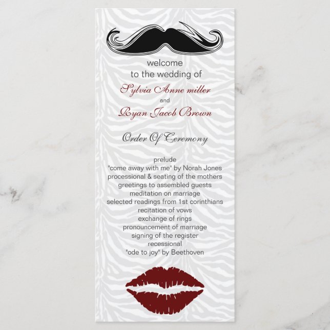 kiss and moustache zebra stripes wedding program programme (Front)