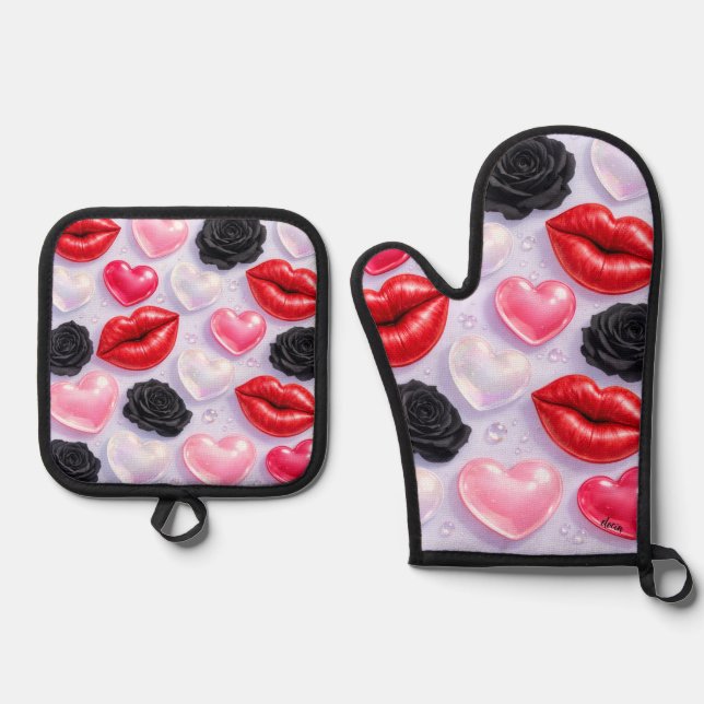 Kiss and roses oven mitt & pot holder set (Front)