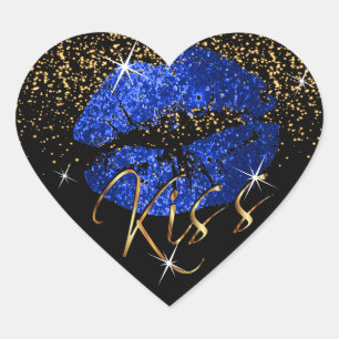 Kiss Bright Blue and Gold Glitter Lips Heart Sticker