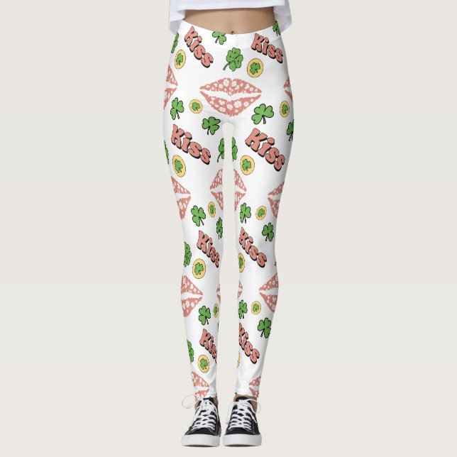 Kiss Clover Lips St. Patrick's Day White Leggings (Front)