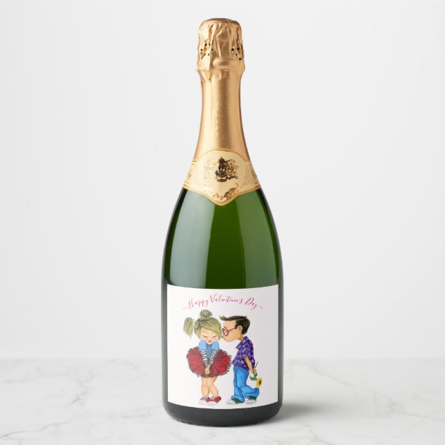 Kiss - Cute Romantic Couple Love - Valentine's Day Sparkling Wine Label (Front)
