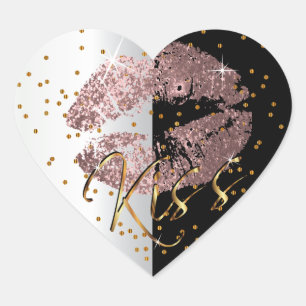 Kiss Dusty Rose and Gold Glitter Lips Heart Sticker