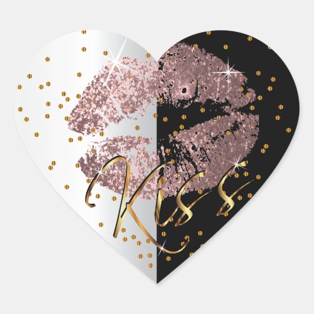 Kiss Dusty Rose and Gold Glitter Lips Heart Sticker (Front)