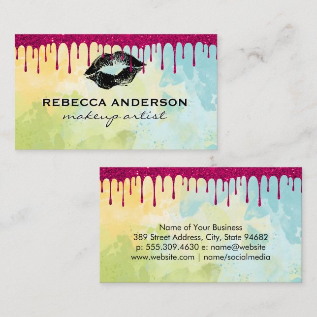 Kiss | Glitter Drip Watercolor Business Card (Front/Back)