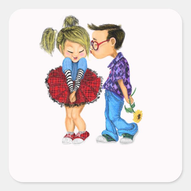 Kiss - I Love You - Cute Romantic Couple - Love Square Sticker (Front)