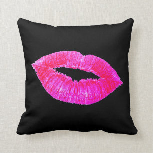 Kiss Lips Black Pink Lipstick Large Mouth Pillow