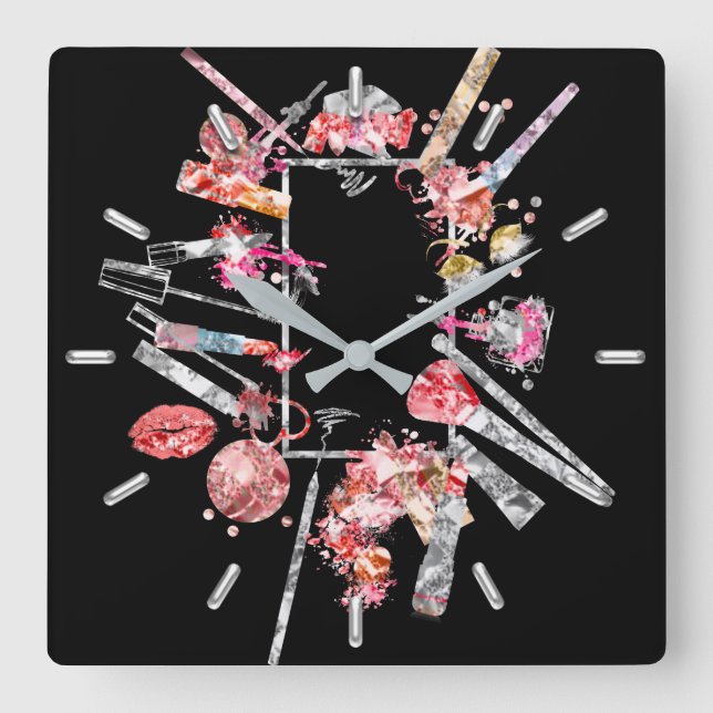 Kiss Lips Black Pink Rose Gold Makeup Beauty Square Wall Clock (Front)