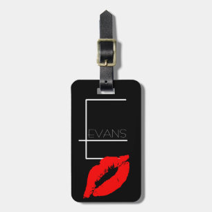 Kiss Lips Black Red Lipstick Evans Monogram E Luggage Tag