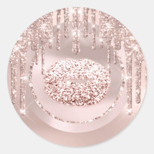 Kiss  Lips Makeup Artist  Drips Rose Glitter Classic Round Sticker